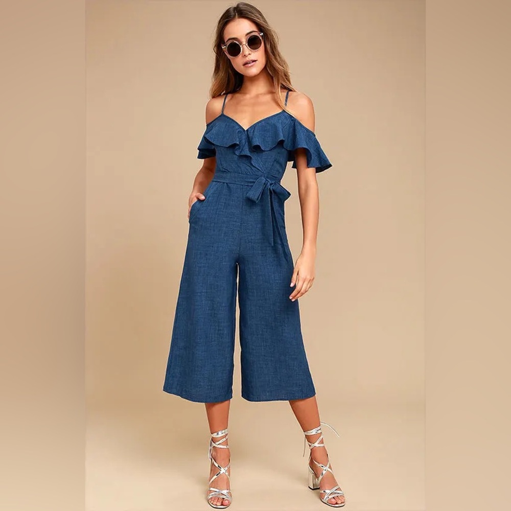 Lulus Lost in Love Dark Blue Off-the-Shoulder Midi Jumpsuit